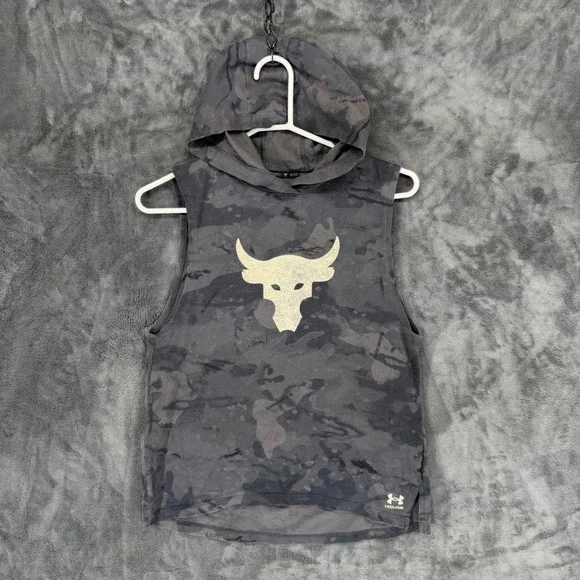 Under Armour Project Rock Womens Small Gray Camo Brahma Bull Sleeveless Hoodie - Picture 1 of 10